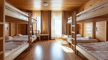 A bunk bed room with several beds and a window photo