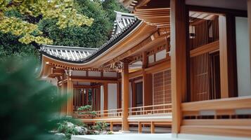 A japanese style house with wooden pillars and a roof photo