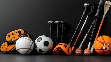 Various sports equipment on a black background photo