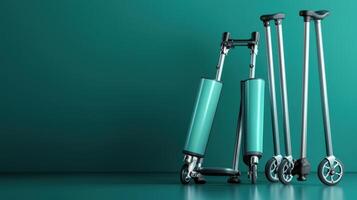 Three crutches and a wheeled walker against a green background photo