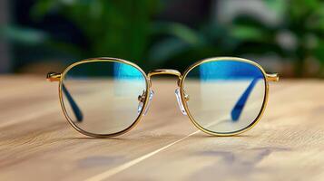 A pair of glasses with blue lenses sitting on a table photo