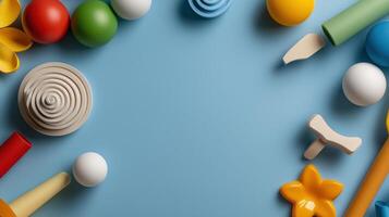 Colorful toys on a blue background photo