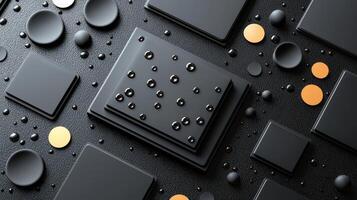 Black and gold 3d background with water droplets photo