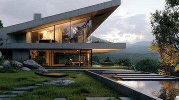 Modern house with a pond and mountains in the background photo