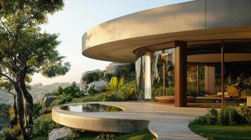 A modern house with a circular design on top of a hill photo