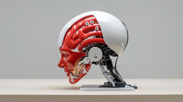 A robot head with a human brain on top photo