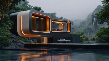 A futuristic house in the middle of a forest photo