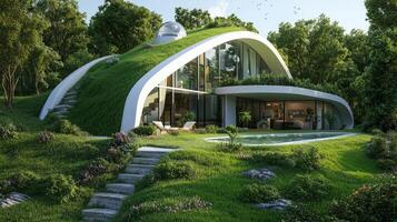 A house with a green roof and grassy lawn photo