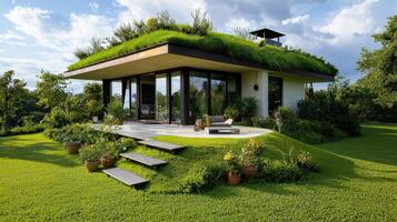 A house with a green roof on top photo