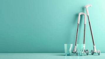 Three walking sticks and a glass on a blue background photo
