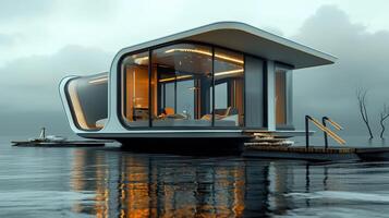 A floating house with a bedroom and living room photo