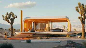 A futuristic house in the desert with a car photo