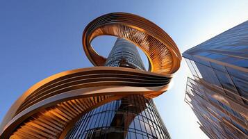 A tall building with a spiral staircase in front of it photo