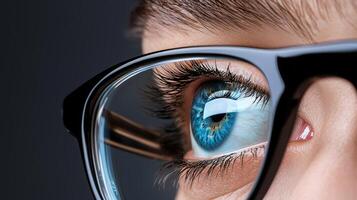 A close up of a person's eye with glasses photo