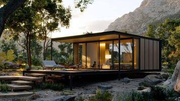 A modern cabin in the woods with trees and rocks photo