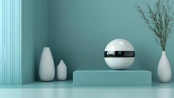 A white egg sitting on a pedestal next to a vase photo