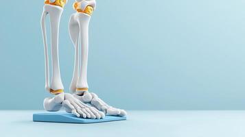 The human skeleton is standing on a blue platform photo