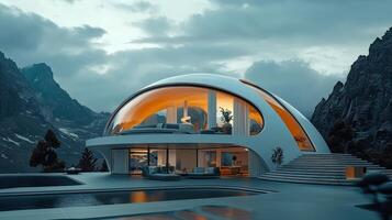 A futuristic house with a pool in front of mountains photo