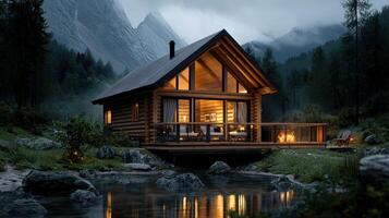 A cabin in the woods with a fire and a mountain view photo