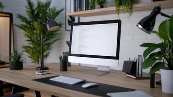 A computer monitor sitting on a desk with a laptop photo