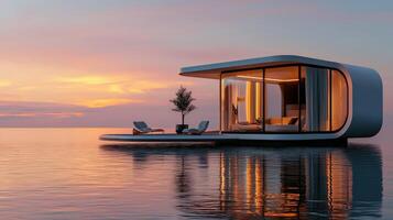A floating house in the ocean at sunset photo