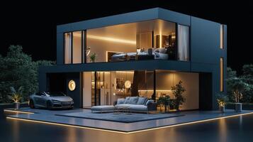 Modern house with car at night 3d rendering photo
