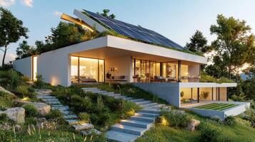 Modern house with solar panels on the roof photo