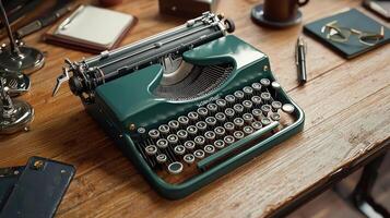 A vintage typewriter on a wooden desk photo