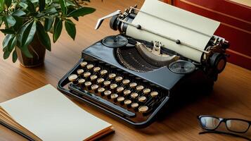 An old fashioned typewriter sits on a desk with a book and glasses photo