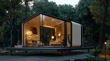 A tiny house in the woods with a porch photo