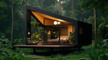 A tiny cabin in the middle of a forest photo