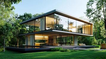 Modern house in the forest with glass walls photo