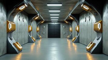 A long hallway with yellow lights and doors photo