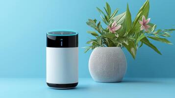 Alexa voice assistant smart speaker on blue background 3d rendering photo