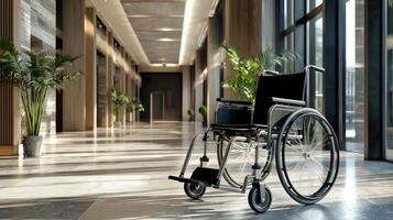 A wheelchair is sitting in a hallway photo