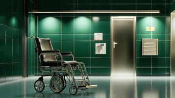 A wheelchair is sitting in a room with green tiles photo