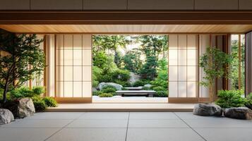 An open door leads to a garden with trees photo