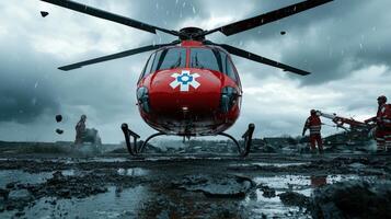 A helicopter is parked on a muddy field photo