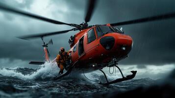 A man in a life jacket is standing on the side of a helicopter photo