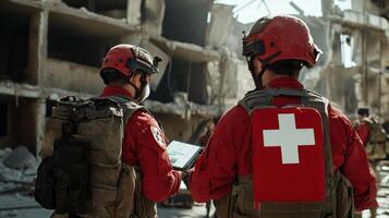Two men in red uniforms with red cross on their back photo