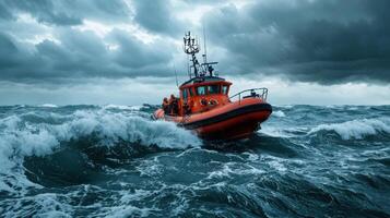 A lifeboat in rough seas on a stormy day photo