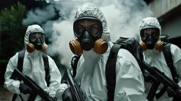 Three men in protective suits with guns photo
