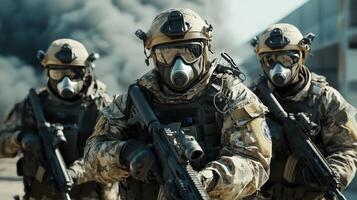 Soldiers in gas masks with guns and smoke photo