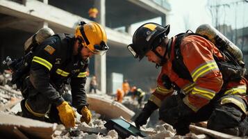 Two firefighters working on a laptop computer photo