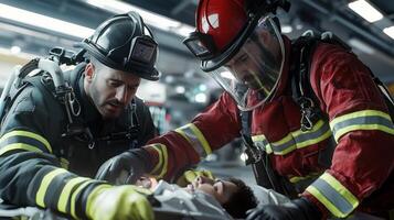 Firefighters helping a child in an ambulance photo