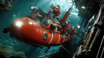 A red submarine in the ocean with people on it photo