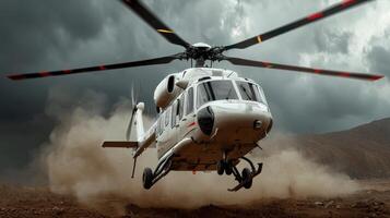 A helicopter is flying over a field with dirt photo
