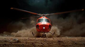 A red helicopter flying through the air at night photo