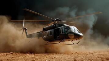 A black helicopter flying through the air with dust photo