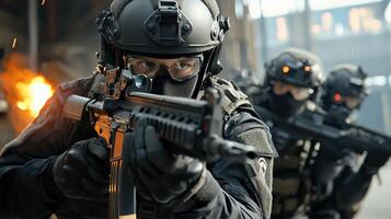 A group of soldiers are shooting at a building photo